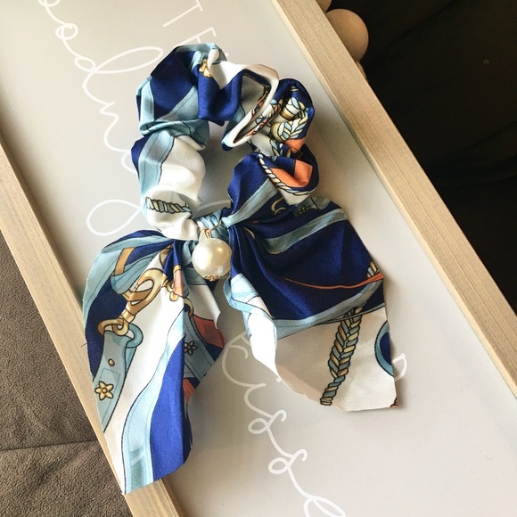 Varsity Chiffon Pearl Sorority Bow Hair Scrunchie - Picture 3 of 5